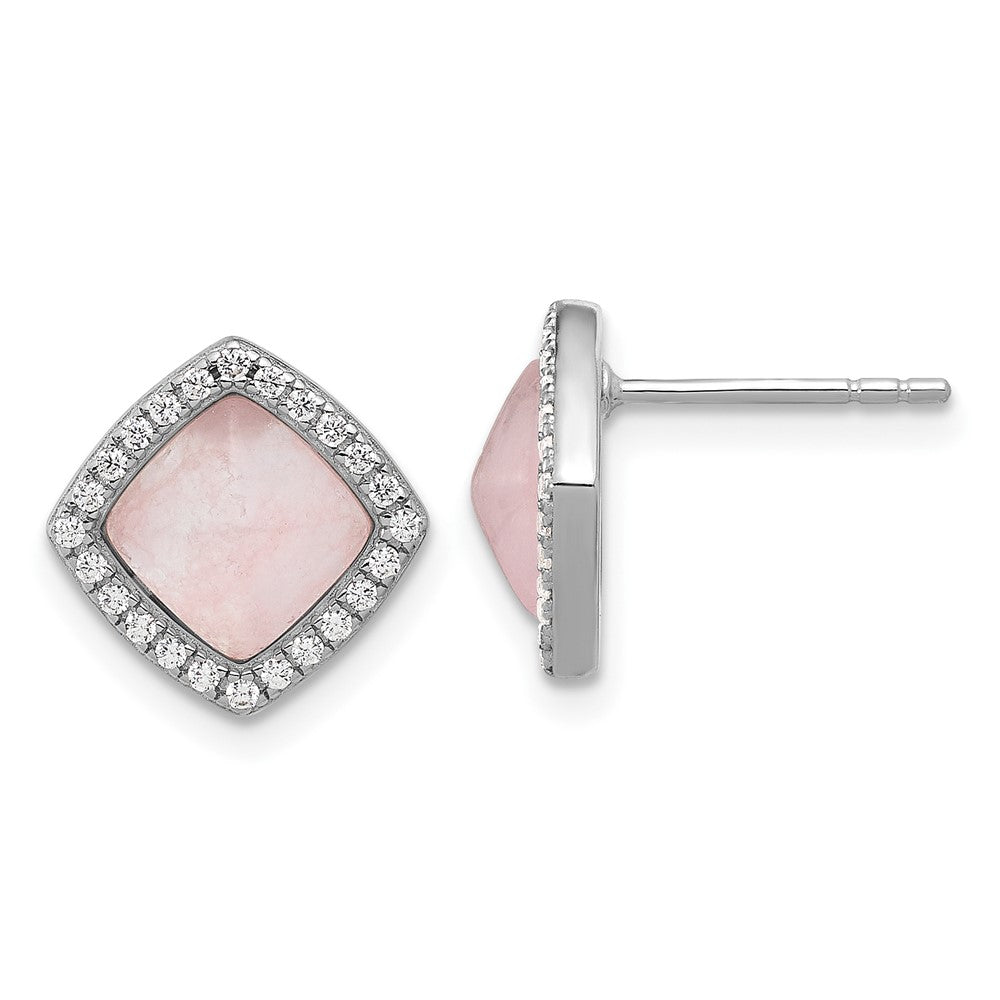 Rhodium-plated Sterling Silver CZ and Rose Quartz Post Earrings