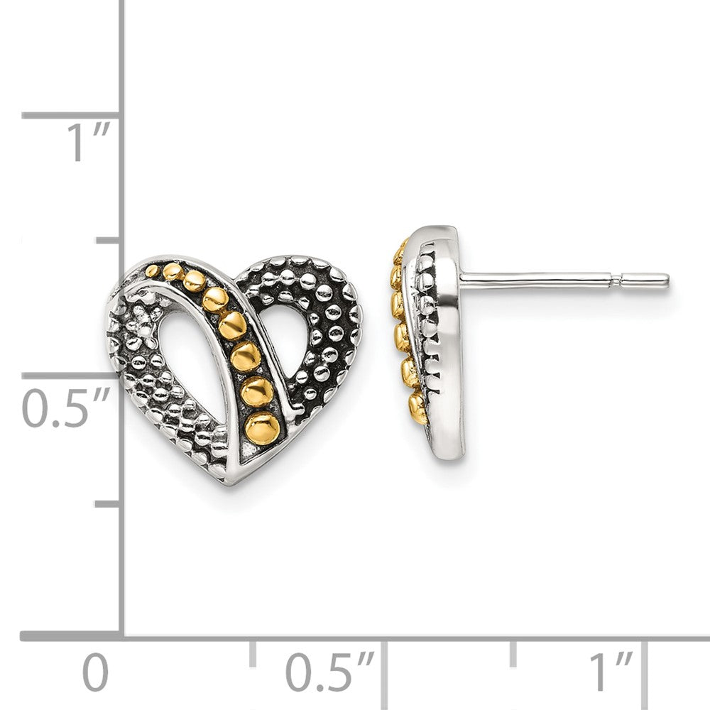 Yellow Gold-plated Sterling Silver Antiqued & Beaded Heart Earrings