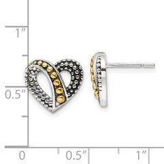 Yellow Gold-plated Sterling Silver Antiqued & Beaded Heart Earrings