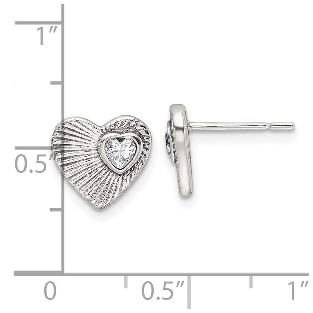 Sterling Silver Polished and Antiqued Textured CZ Heart Earrings