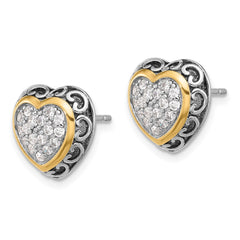 Sterling Silver with 14K accent Rhod-plated CZ Cluster Oxidized Heart Post Earrings