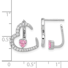 Rhodium-plated Silver White and Pink CZ Heart with Jacket Post Earrings