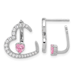 Rhodium-plated Silver White and Pink CZ Heart with Jacket Post Earrings