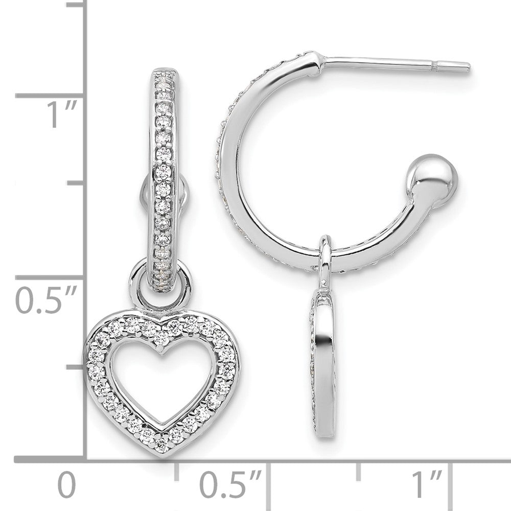 Sterling Silver Polished CZ Dangle Heart Hoop Post Earrings