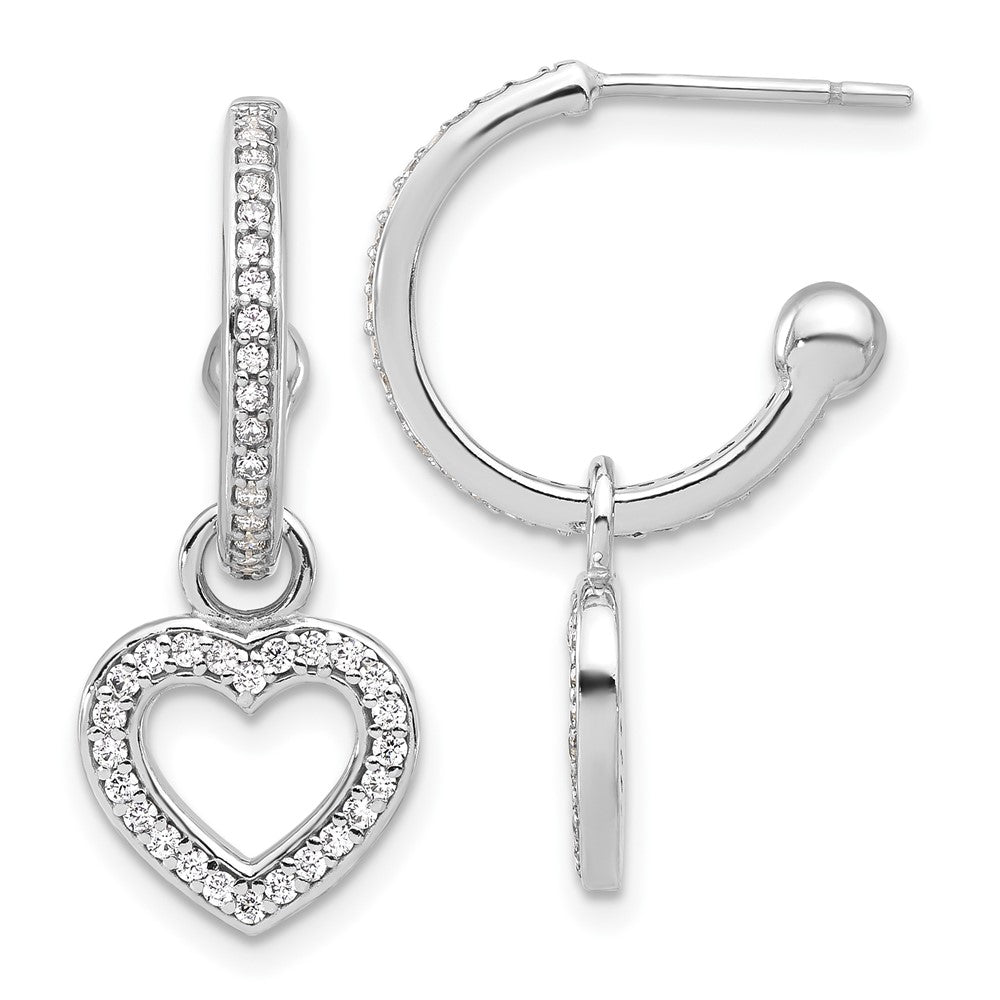 Sterling Silver Polished CZ Dangle Heart Hoop Post Earrings