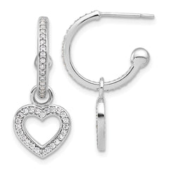 Sterling Silver Polished CZ Dangle Heart Hoop Post Earrings