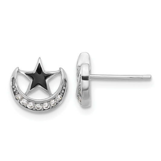 Rhodium-plated Sterling Silver Enamel CZ Star and Moon Post Earrings