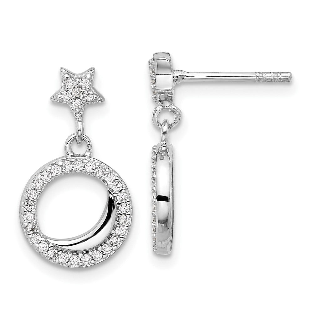 Rhodium-plated Sterling Silver Polished CZ Star Moon Dangle Post Earrings