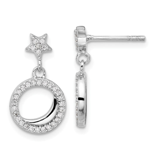 Rhodium-plated Sterling Silver Polished CZ Star Moon Dangle Post Earrings