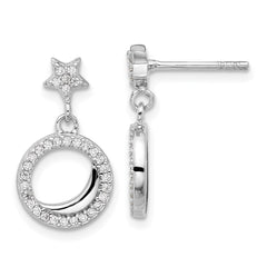 Rhodium-plated Sterling Silver Polished CZ Star Moon Dangle Post Earrings