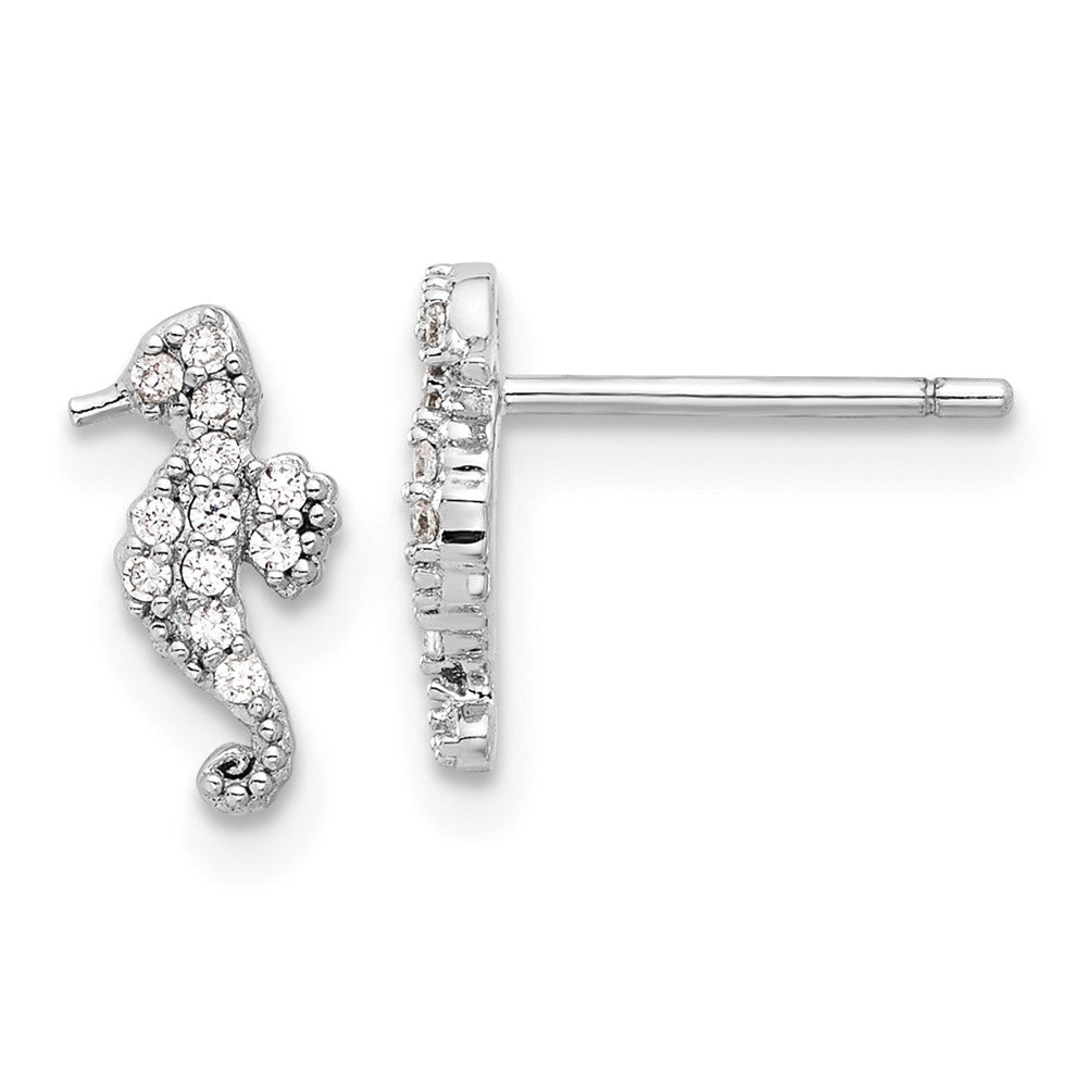Rhodium-plated Sterling Silver CZ Seahorse Post Earrings