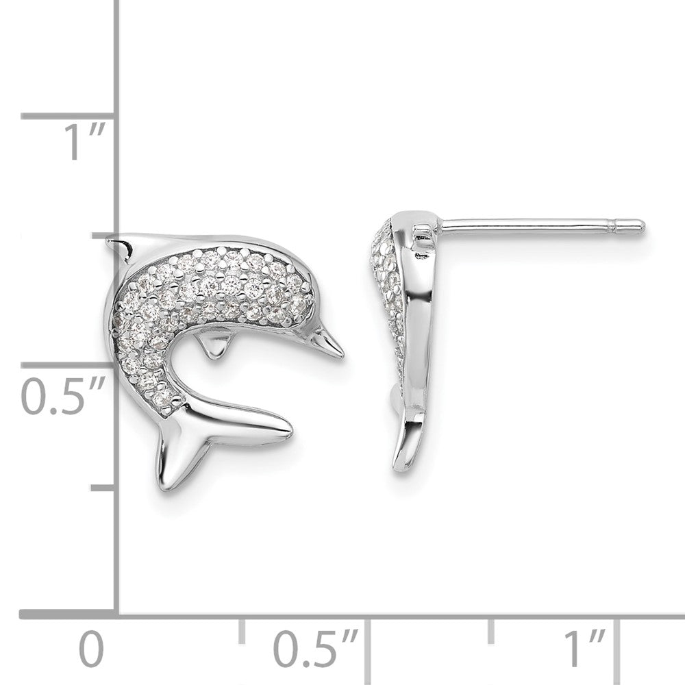 Rhodium-plated Sterling Silver CZ Dolphin Post Earrings