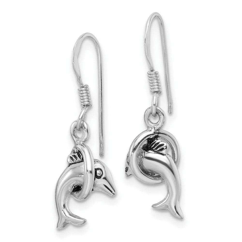 Rhodium-plated Sterling Silver Antiqued Dolphin Shepherd Hook Earrings
