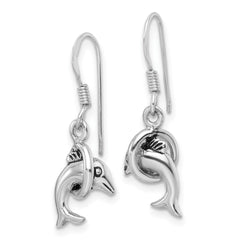 Rhodium-plated Sterling Silver Antiqued Dolphin Shepherd Hook Earrings