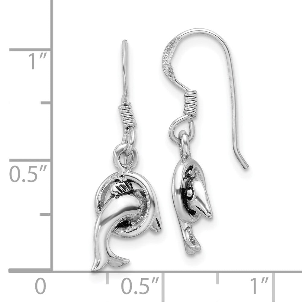 Rhodium-plated Sterling Silver Antiqued Dolphin Shepherd Hook Earrings