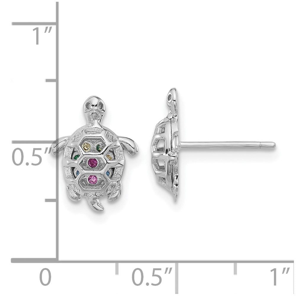 Rhodium-plated Sterling Silver Multi-color CZ Turtle Post Earrings