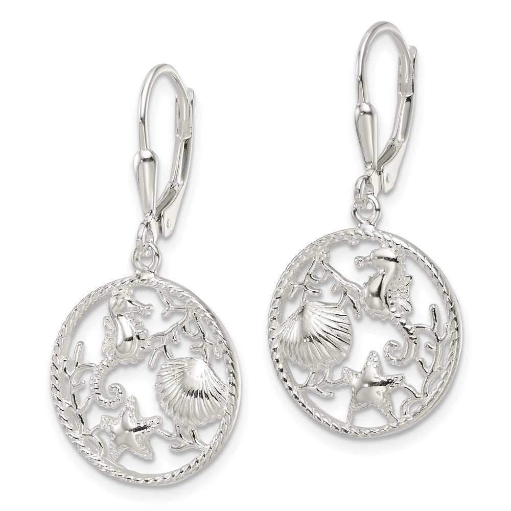 Sterling Silver Polished Sea Life Circle Dangle Leverback Earrings