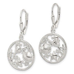 Sterling Silver Polished Sea Life Circle Dangle Leverback Earrings