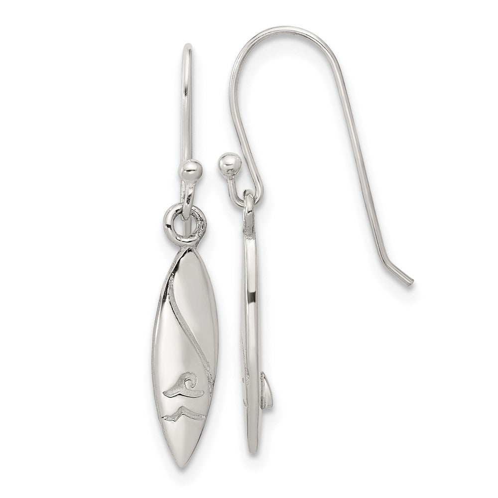 Sterling Silver Polished Pointed Oval Wave Shephard Hook Dangle Earrings