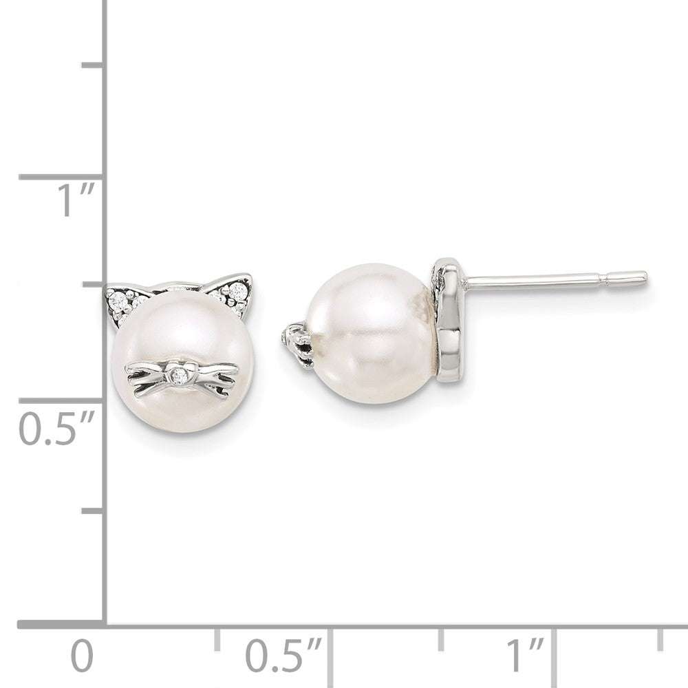Sterling Silver Polished and Antiqued CZ and Syn. Pearl Cat Post Earrings