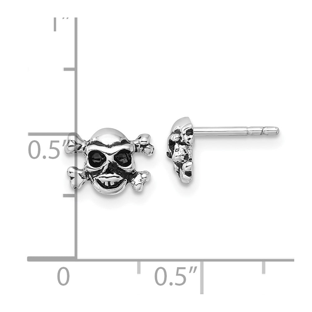 Rhodium-plated Sterling Silver Antiqued Skull and Crossbones Post Earrings