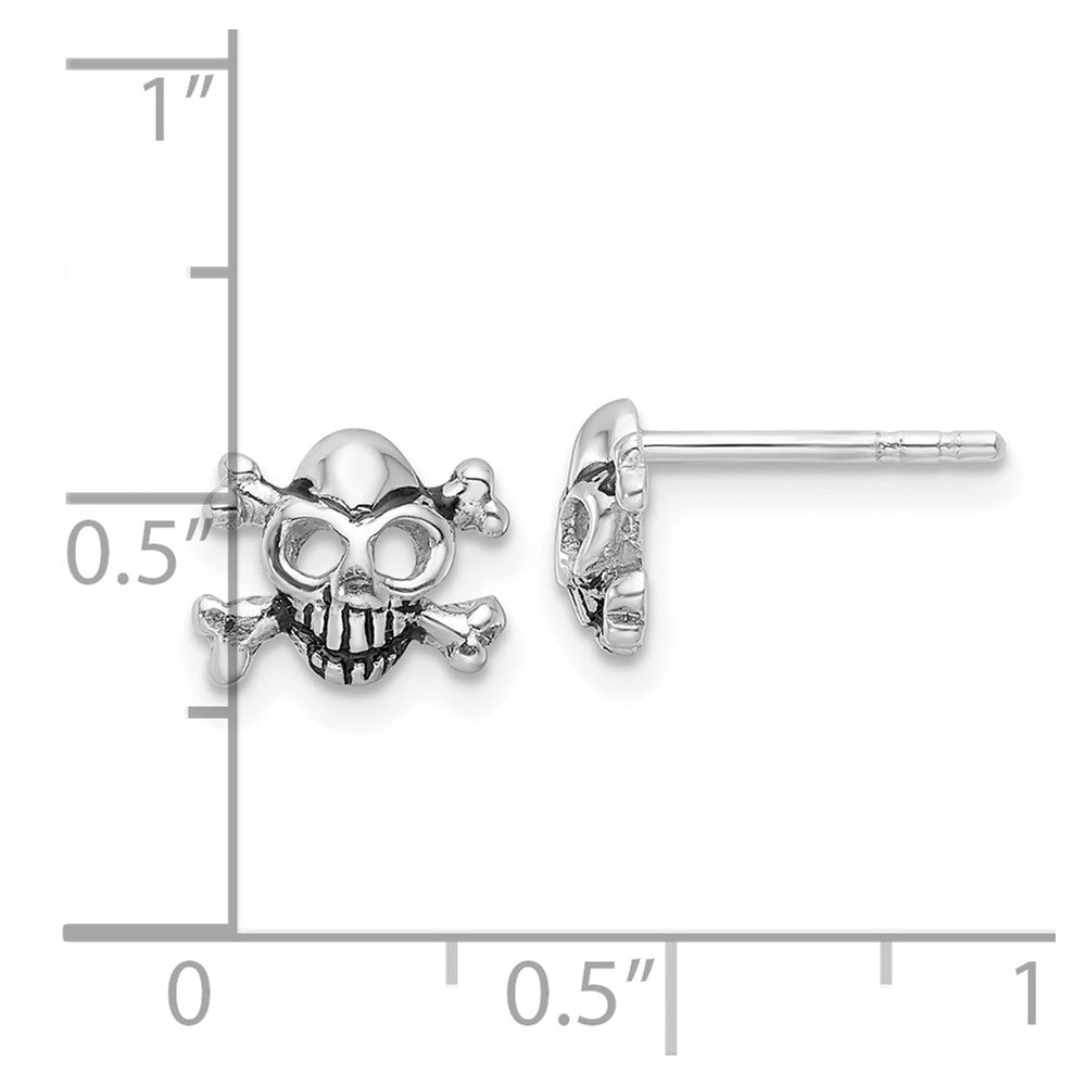 Rhodium-plated Sterling Silver Antiqued Skull and Crossbones Post Earrings