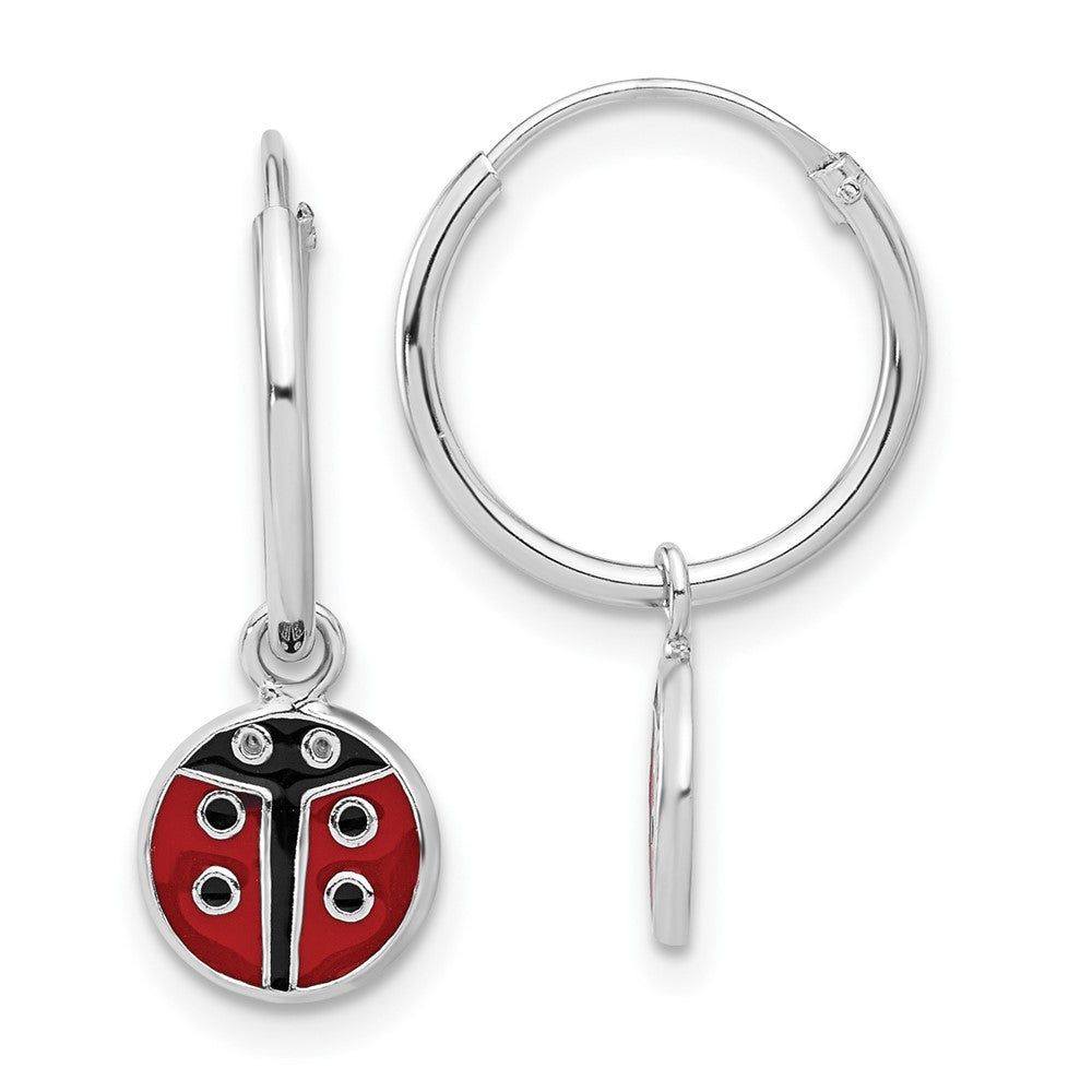 Rhodium-plated Sterling Silver Enamel Ladybug Dangle Eternity Hoop Earrings