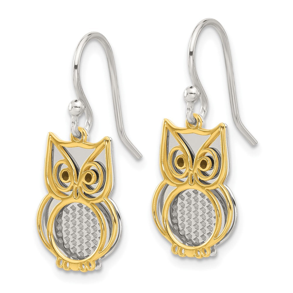 Sterling Silver and Gold Tone Black Enamel Owl Dangle Earrings