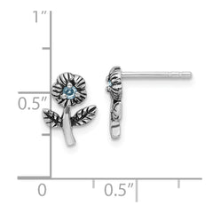 Rhodium-plated Sterling Silver Antiqued with Blue CZ Flower Post Earrings