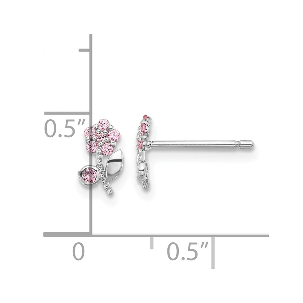 Rhodium-plated Sterling Silver Polished Pink CZ Flower Post Earrings