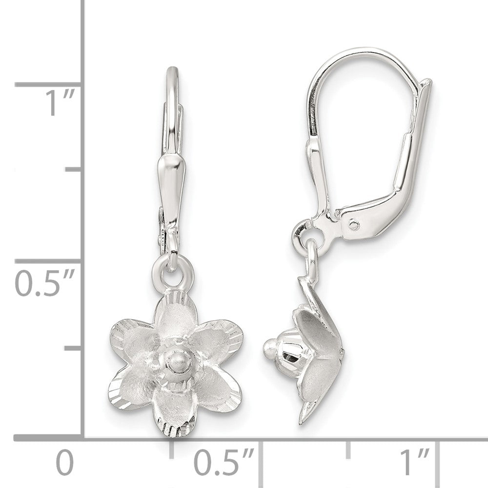 Sterling Silver Satin Polished and Diamond-cut Floral Leverback Earrings