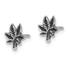 Rhodium-plated Sterling Silver Antiqued Leaf Post Earrings