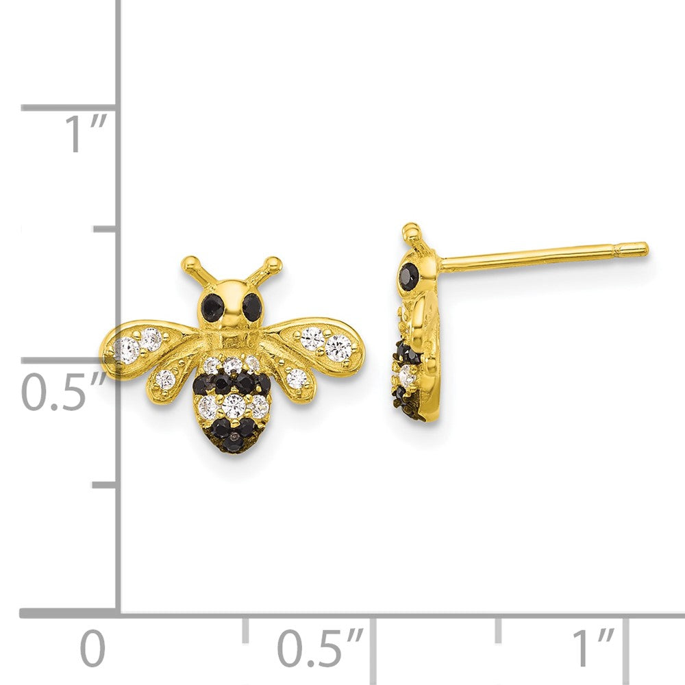 Yellow Gold-plated Sterling Silver Black Rhodium Bee with Black and White CZ Post Earrings