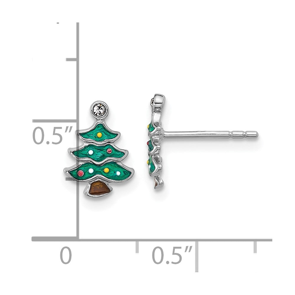 Rhodium-plated Sterling Silver Green Enamel Crystal Christmas Tree Post Earrings
