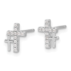 Rhodium-plated Sterling Silver CZ Double Cross Post Earrings