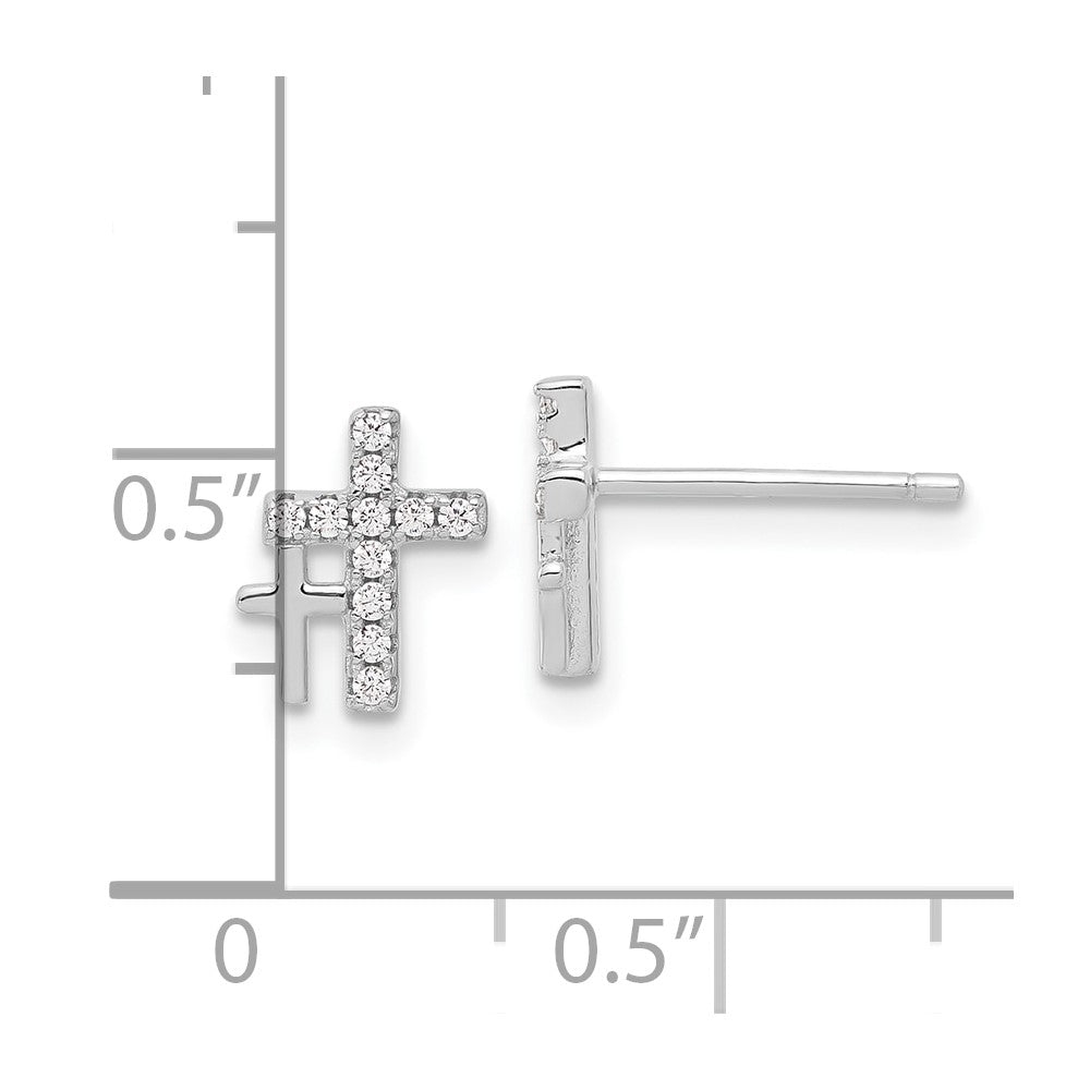Rhodium-plated Sterling Silver CZ Double Cross Post Earrings