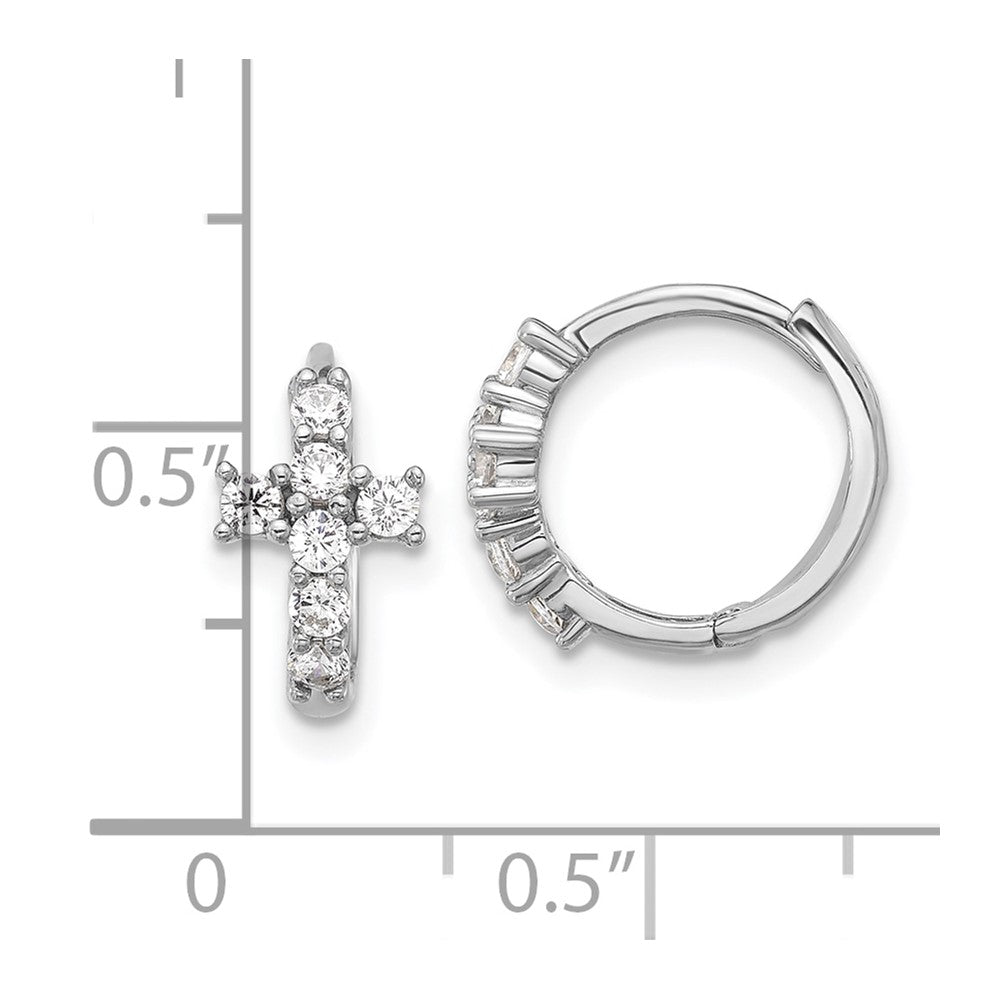 Rhodium-plated Sterling Silver Polished CZ Cross Hinged Huggie Hoop Earrings