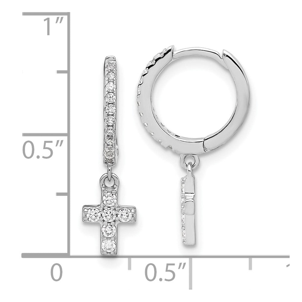 Rhodium-plated Sterling Silver CZ Cross Hinged Hoop Earrings