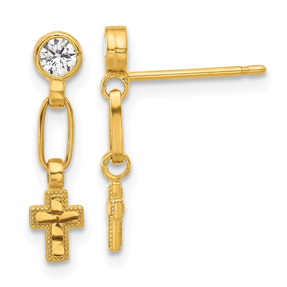 Yellow Gold-plated Sterling Silver Bezel CZ Cross Post Dangle Earrings
