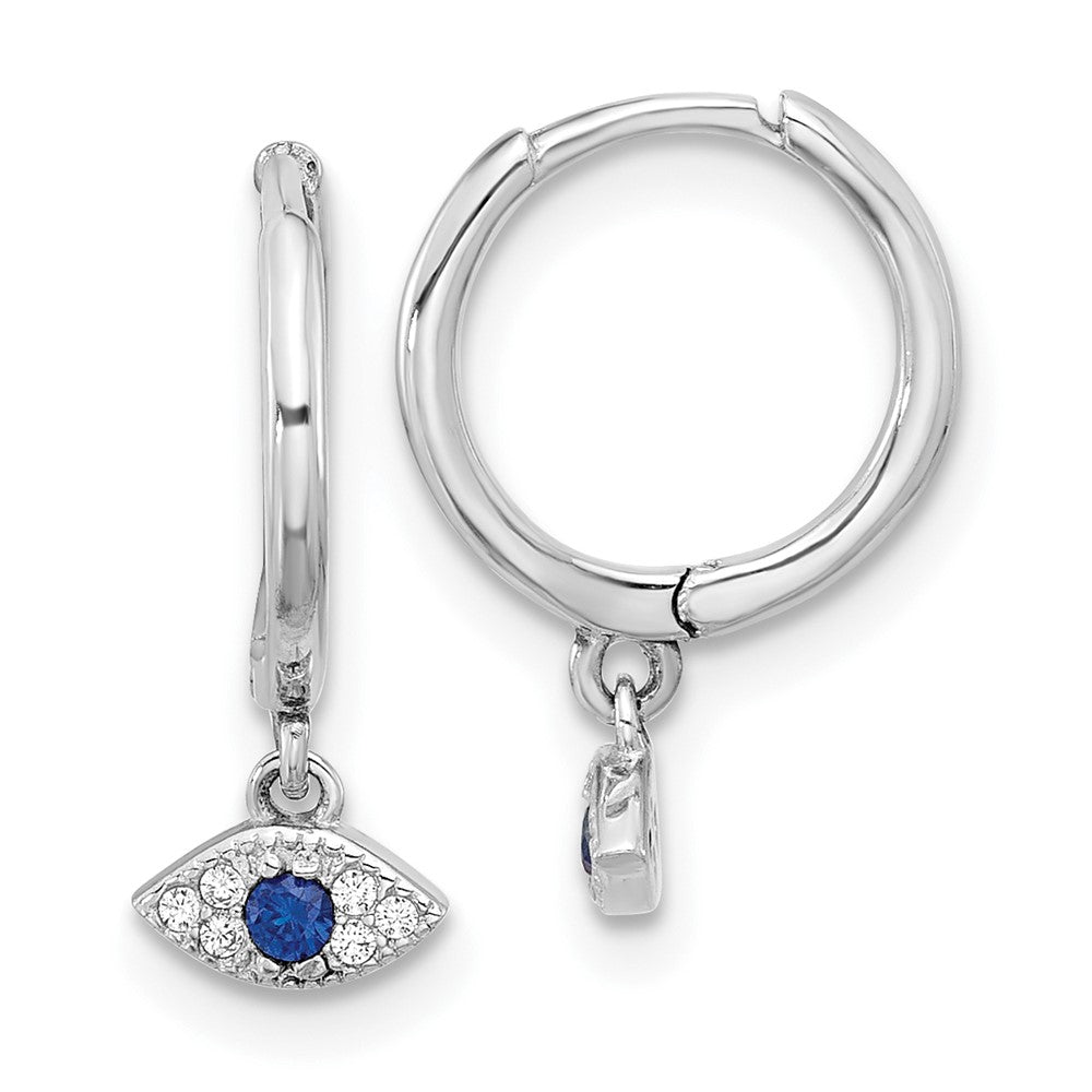 Rhodium-plated Sterling Silver CZ Evil Eye Dangle Hinged Hoop Earrings