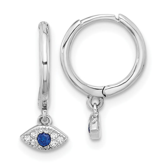 Rhodium-plated Sterling Silver CZ Evil Eye Dangle Hinged Hoop Earrings