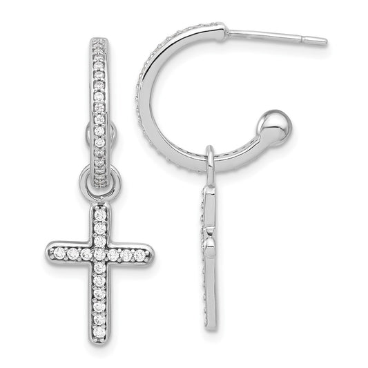 Sterling Silver Polished CZ Dangle Cross Hoop Post Earrings