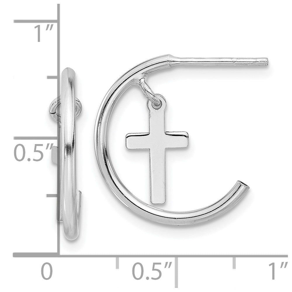 Rhodium-plated Sterling Silver Polished Cross Dangle J-Hoop Post Earrings
