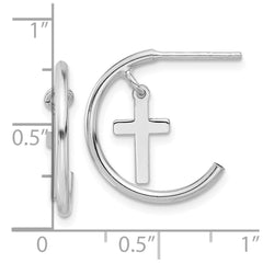 Rhodium-plated Sterling Silver Polished Cross Dangle J-Hoop Post Earrings