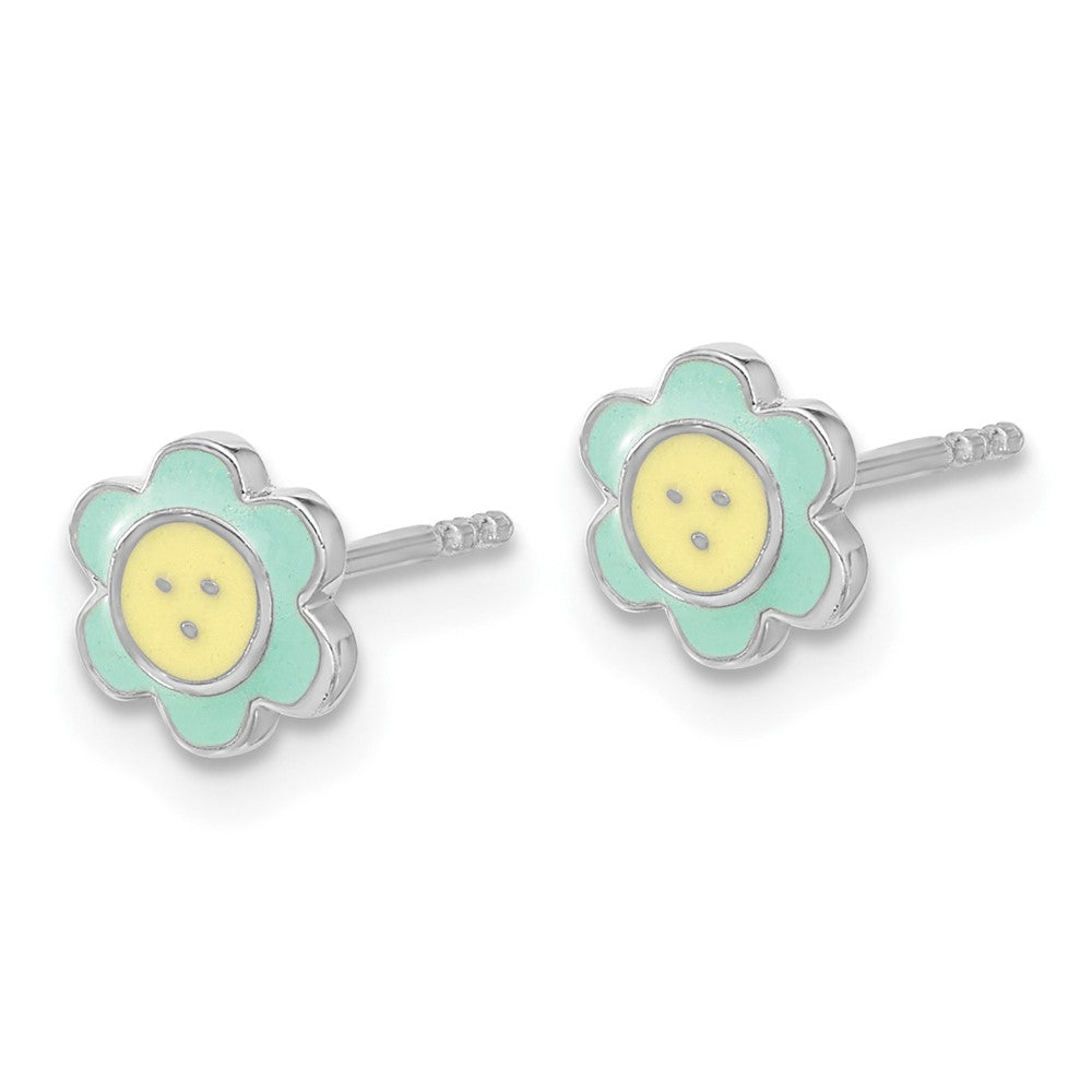 Rhodium-plated Sterling Silver Children's Enamel Flower Earrings