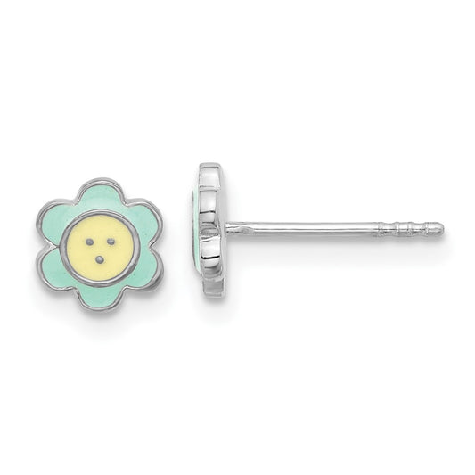 Rhodium-plated Sterling Silver Children's Enamel Flower Earrings