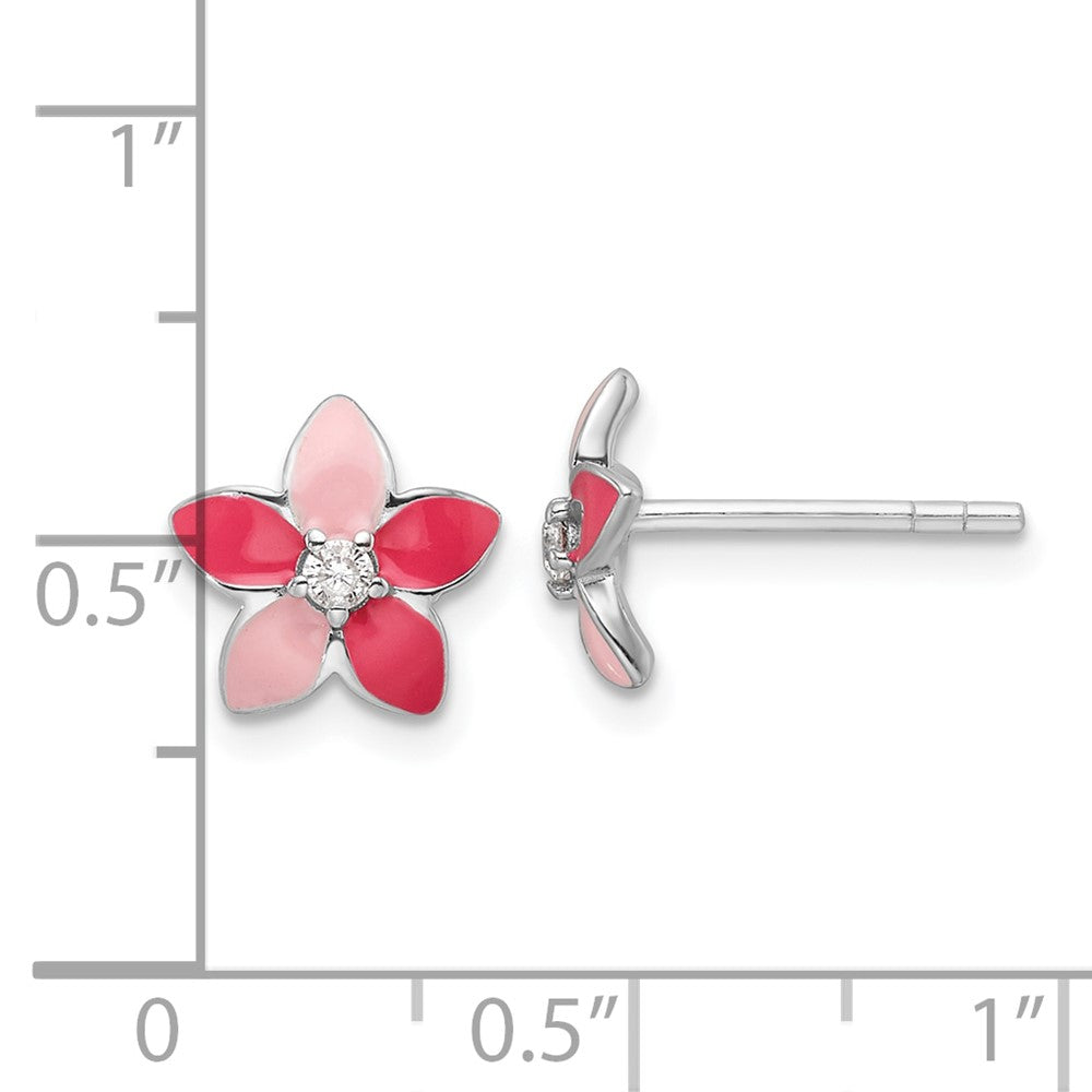 Rhodium-plated Sterling Silver CZ and Enamel Flower Post Earrings
