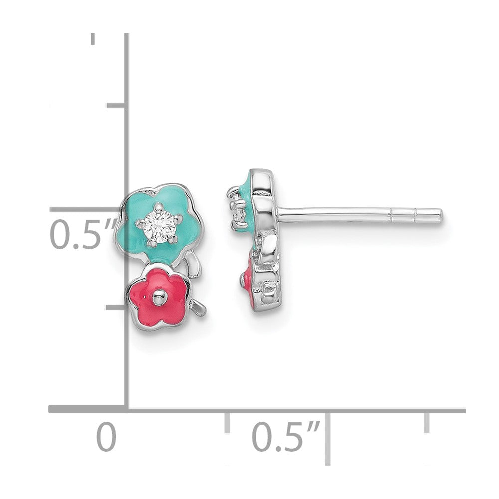 Rhodium-plated Sterling Silver CZ Enamel Flowers Post Earrings