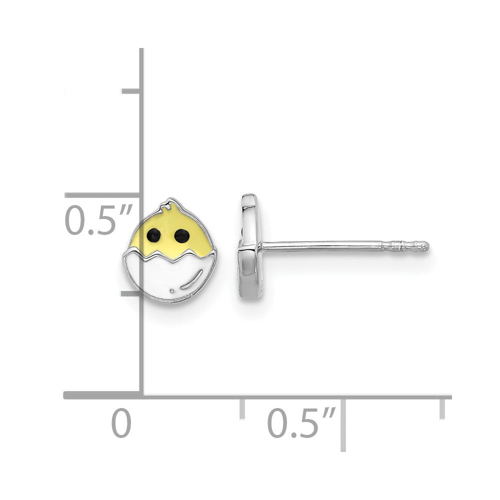 Rhodium-plated Sterling Silver Children's Enamel Chick in Egg Post Earrings