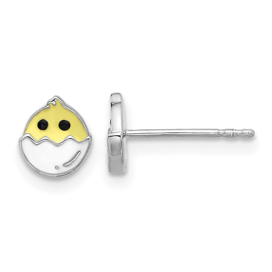 Rhodium-plated Sterling Silver Children's Enamel Chick in Egg Post Earrings